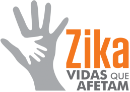 Logo da exposição Zika – Vidas que Afetam: Silhueta de mão de adulto sobreposta por mão de criança; ao lado, em letras laranja e cinza: Zika, Vidas que afetam.