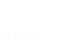 Logo da Fiocruz 120 anos: Uma silhueta em linha preta de uma das torres do Pavilhão Mourisco integrada ao texto Fiocruz, 120 anos. Ao lado: Patrimônio da sociedade brasileira